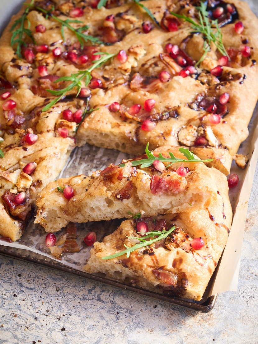 Homemade bacon & feta focaccia with pomegranate arils & a balsamic glaze 1 (1)