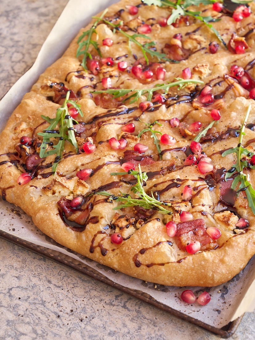 Homemade bacon & feta focaccia with pomegranate arils & a balsamic glaze