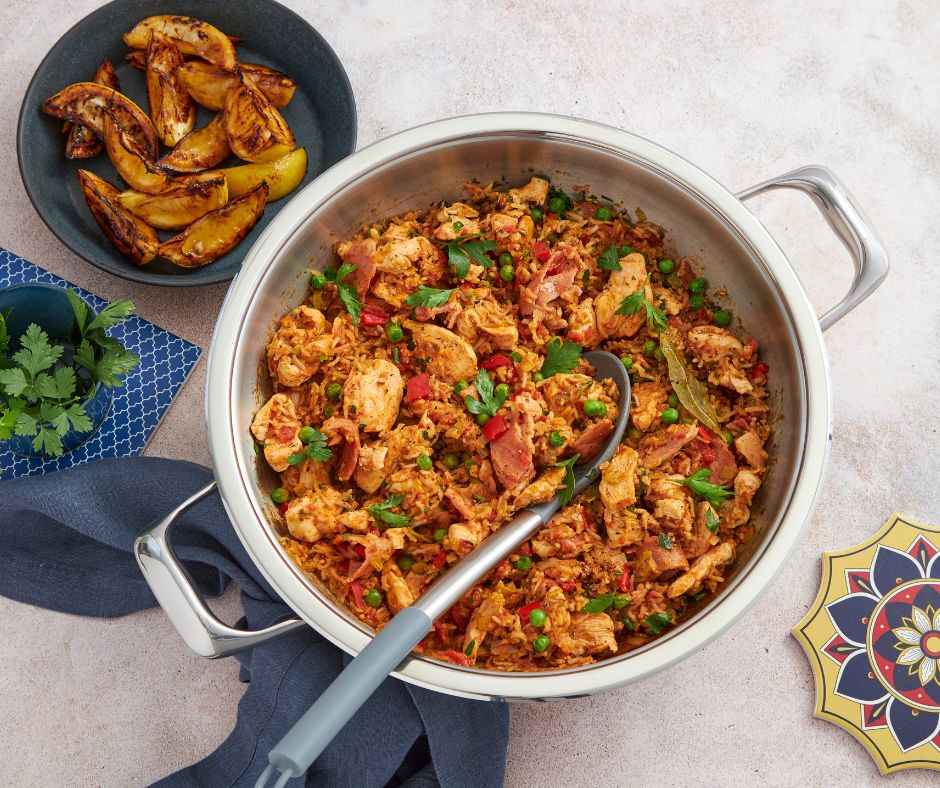 Chicken and bacon paella