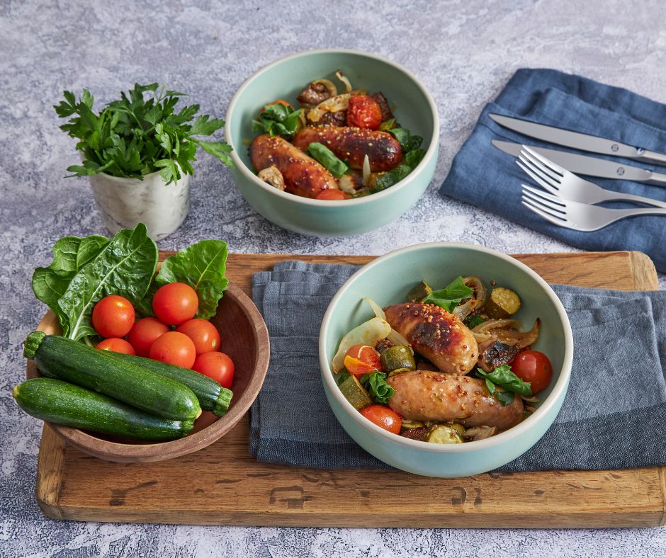 One-pan supper with honey, mustard, pork bangers and roasted veggies (2)